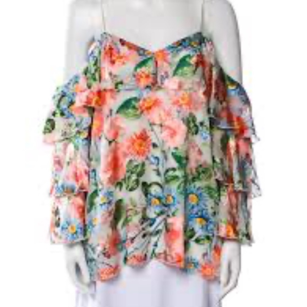 ALICE+OLIVIA MARYLEE SILK BLEND FLORAL OFF THE SHOULDER SEXY FEMININE BLOUSE